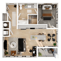 A top-down view of a modern apartment layout with a kitchen, living room, and bedroom.