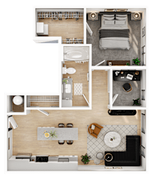 A top-down view of a modern apartment layout with a kitchen, living room, dining area, and bedrooms.