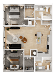 A top-down view of a modern apartment layout with a kitchen, living room, and bedrooms.