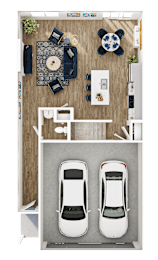 A top-down view of a small apartment with a kitchen, dining area, and two parking spaces for cars.