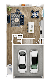 A top-down view of a small apartment with a kitchen, living room, and two parking spaces for cars.