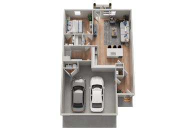 A top-down view of a house layout with a living room, kitchen, and two bedrooms.