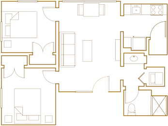 A floor plan of a house with a kitchen, living room, and bedrooms.