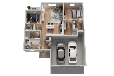 A top-down view of a house layout with two cars parked in the garage.