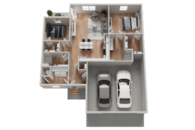 A top-down view of a house layout with two cars parked in the garage.