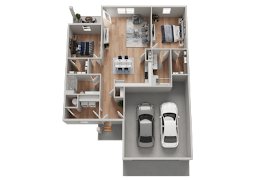 A top-down view of a house layout with two cars parked in the garage.