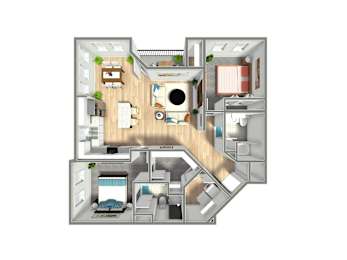 A 3D floor plan of a small apartment with a kitchen, living room, and bedroom.