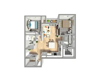 A floor plan of a house with a kitchen, living room, and bedrooms.
