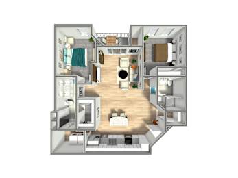 A 3D floor plan of a small apartment with a kitchen, living room, and bedroom.