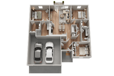 A 3D floor plan of a house with two cars parked in the garage.