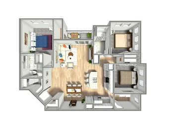A 3D floor plan of a house with a kitchen, living room, dining room, and bedrooms.