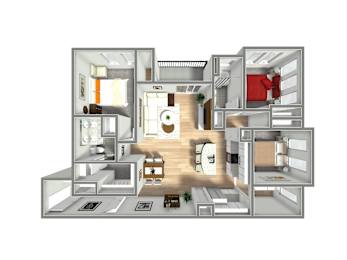 A 3D rendered image of a modern house layout.