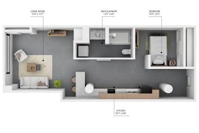 A diagram of a small apartment with a living room, bathroom, bedroom, and kitchen.