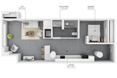 A floor plan of a small apartment with a loft, bathroom, bedroom, and kitchen.