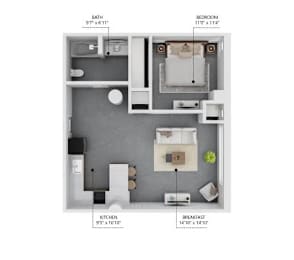 A diagram shows the layout of a small apartment with a kitchen, bathroom, bedroom, and breakfast area.