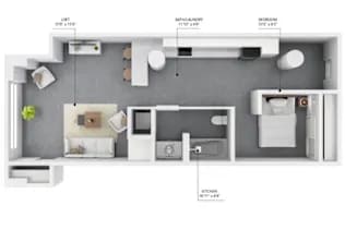 A floor plan of a small apartment with a kitchen, living room, and bathroom.