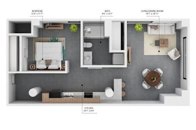 A diagram of a small apartment with a kitchen, living room, and bathroom.