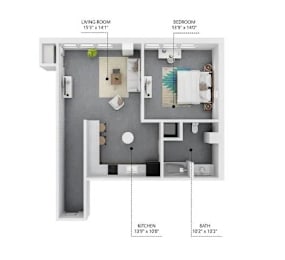 A diagram of a house layout with a living room, kitchen, bathroom and bedroom.