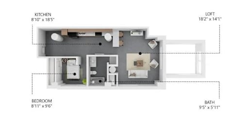 A floor plan of a small apartment with a kitchen, bathroom, and bedroom.