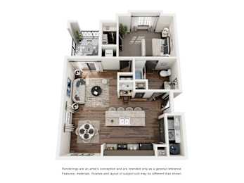 A floor plan of a two-bedroom apartment with a living room, kitchen, and bathroom.
