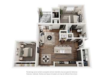 A floor plan of a house with a kitchen, living room, and two bedrooms.