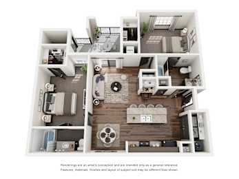 A 3D floor plan of a house with a kitchen, living room, and bedrooms.