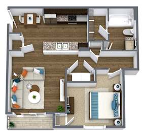 A top-down view of a living room, kitchen, and bedroom in a house.