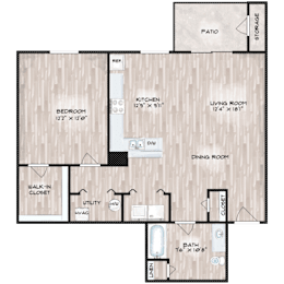 A floor plan of a house with a bedroom, kitchen, living room, dining room, bathroom, and a walk-in closet.