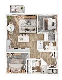 A top-down view of a small apartment layout with a kitchen, living room, and bathroom.