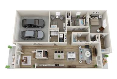 A top-down view of a small apartment with a kitchen, living room, and two bedrooms.