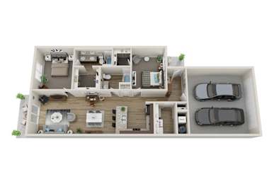 A top-down view of a house layout with a kitchen, living room, bedrooms, and a garage.