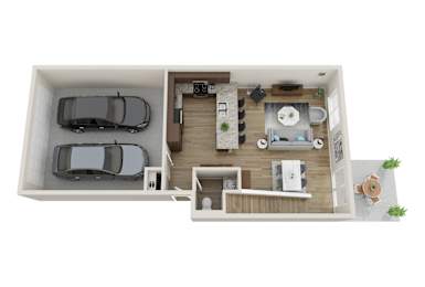 A top-down view of a small apartment with a kitchen, living room, and two bedrooms.