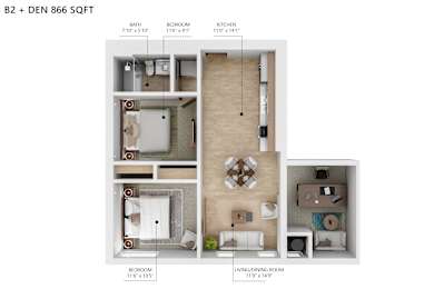A diagram of a small apartment layout with a living room, kitchen, and bedroom.