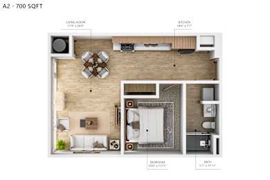 A 700 square foot floor plan for a home with a living room, kitchen, bedroom, and bathroom.