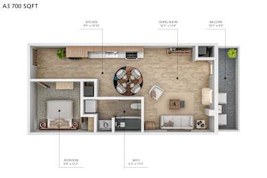 A 3700 square foot floor plan of a home with a kitchen, living room, balcony, bath, and bedroom.