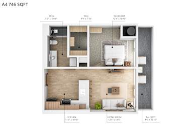 A floor plan of an apartment with a living room, kitchen, bathroom, bedroom and balcony.