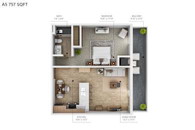 A 575 square foot floor plan of an apartment with a living room, kitchen, bedroom, and bathroom.