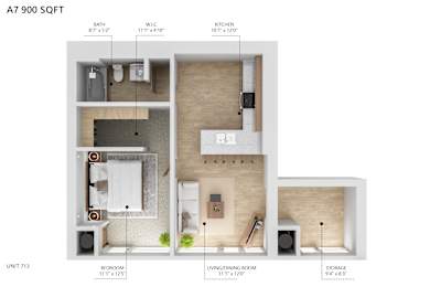 A 7900 square foot floor plan for a home with a bedroom, living/dining room, kitchen, and storage area.