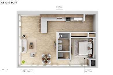 A floor plan of a 709 square foot apartment with a living/dining room, kitchen, and bedroom.