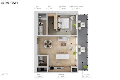 A 1067 sqft apartment with a balcony, bathroom, living/dining room, and kitchen.