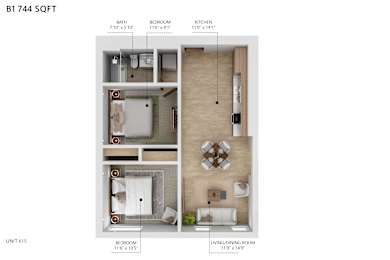 A diagram of a 1 bedroom apartment with a living room and a bathroom.