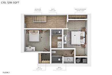 A floor plan of a one bedroom apartment with a master bedroom.