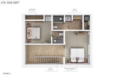 A diagram of a 1 bedroom, 1 bathroom apartment with a master bedroom on the second floor.
