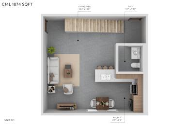 A diagram of a small apartment layout with a living area, kitchen, and bathroom.