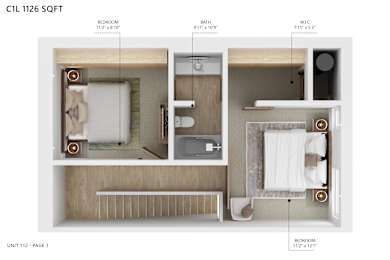 A diagram of a 112 sq ft apartment showing the layout of the bedroom, bathroom, and W.I.C.