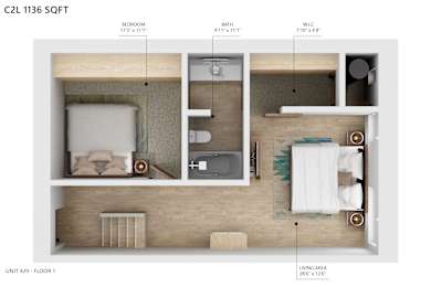 A diagram of a one bedroom apartment layout.