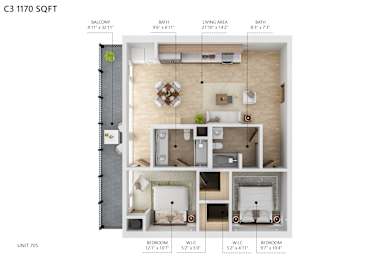 A diagram of a floor plan for an apartment in the C3 1170 SQFT building.