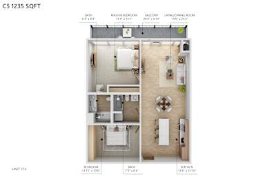 A diagram of a 5x7 room layout with a master bedroom, balcony, living/dining room, and kitchen.