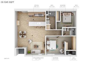 A floor plan of a C6 1245 SQFT apartment with a living room, kitchen, two bedrooms, and a WLCR.