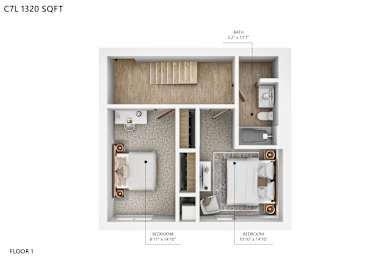 A floor plan of a one bedroom apartment with a bathroom and two bedrooms.